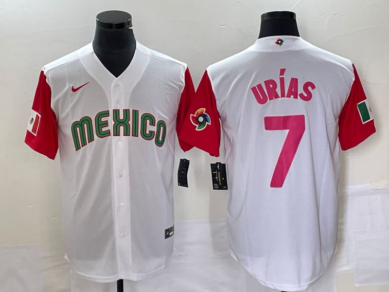 Men 2023 World Cub Mexico 7 Urias White pink Nike MLB Jersey30